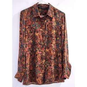 Peruvian Connection Floral Button Down Blouse Small Rust Gold Teal Long Sleeve‎